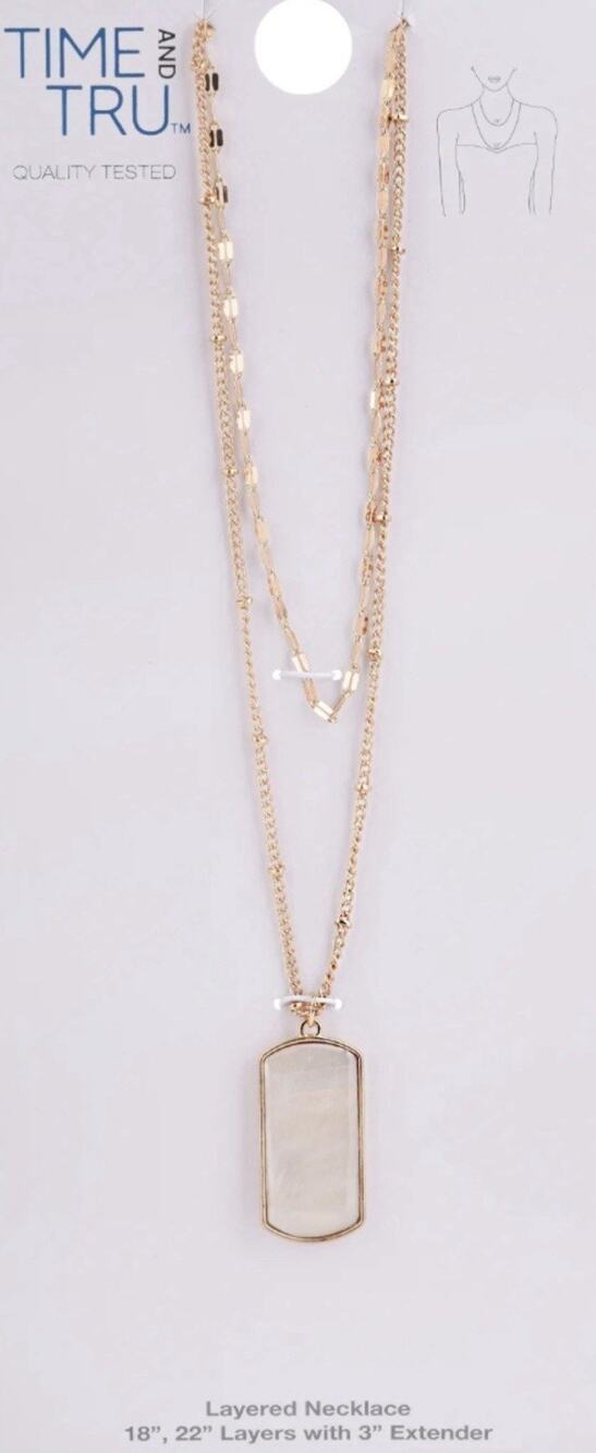 Time and Tru Gold Tone Hammered Layered Shell Pendant Necklace 18" 22" NWT